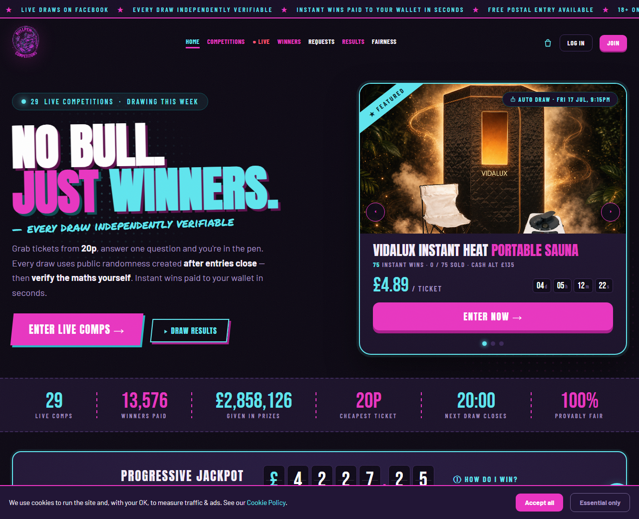 The live Bullpen Competitions homepage — a real brand built by ABOS Digital